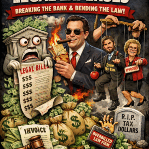 Cartoon illustration titled Superior's Legal Expenses showing a lawyer smoking a cigar, a gavel, and money bags, referencing City of Superior and NTEC environmental issues