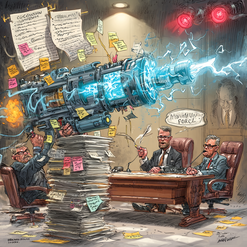 Concept art depicting a large futuristic weapon emitting energy in an office setting with paperwork and sticky notes.