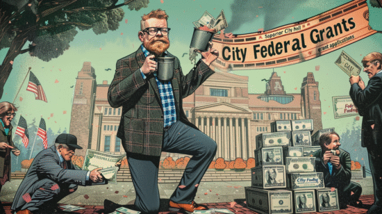 Cartoon illustration showing a bearded man with glasses holding a mug and money, a banner that says City Federal Grants, stacks of cash on the right, and a city hall backdrop in Superior Wisconsin