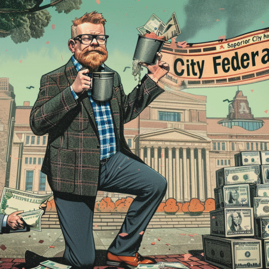 Cartoon illustration showing a bearded man with glasses holding a mug and money, a banner that says City Federal Grants, stacks of cash on the right, and a city hall backdrop in Superior Wisconsin