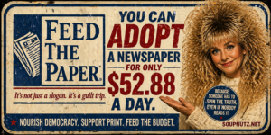 Join the $52.88 a day newspaper feed message with adoptapaper branding, bold blue and red text, and a curly-haired person pointing right.