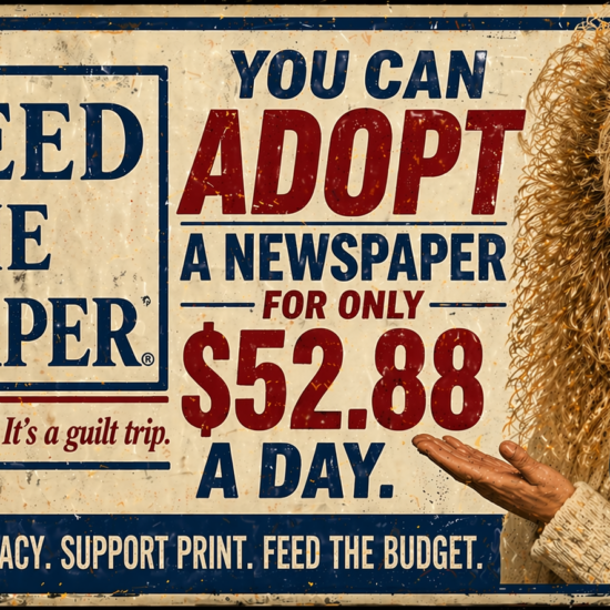 Join the $52.88 a day newspaper feed message with adoptapaper branding, bold blue and red text, and a curly-haired person pointing right.