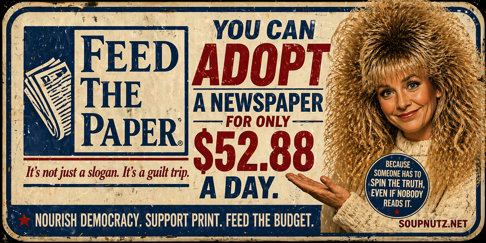 Join the $52.88 a day newspaper feed message with adoptapaper branding, bold blue and red text, and a curly-haired person pointing right.