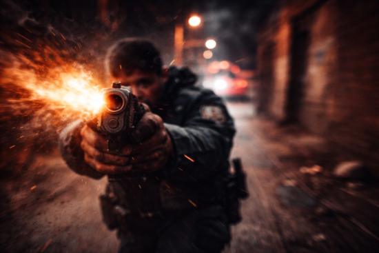 Officer aims a pistol at the camera amid sparks and motion blur on a dark urban street in Superior; orange glow from muzzle flash illuminates the scene