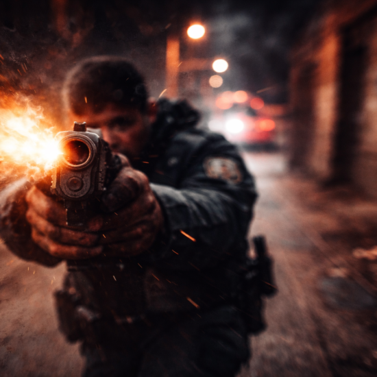 Officer aims a pistol at the camera amid sparks and motion blur on a dark urban street in Superior; orange glow from muzzle flash illuminates the scene