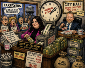 In Superior Wisconsin’s office scene, Mayor Jim Paine signs approved papers as a clock reads Overtime o’clock, with Chief of Overtime at 178.5 hours.