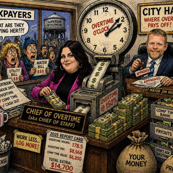 In Superior Wisconsin’s office scene, Mayor Jim Paine signs approved papers as a clock reads Overtime o’clock, with Chief of Overtime at 178.5 hours.