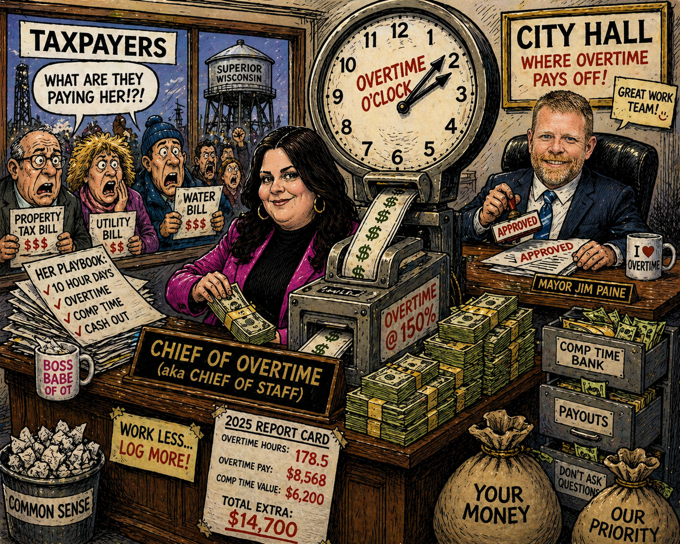 In Superior Wisconsin’s office scene, Mayor Jim Paine signs approved papers as a clock reads Overtime o’clock, with Chief of Overtime at 178.5 hours.