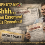 SoupNutz image featuring a confident man holding a stack of documents labeled Confidential and a prominent FOIA Request, with headlines like Secret Deals and Hidden Easement