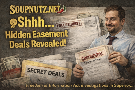 SoupNutz image featuring a confident man holding a stack of documents labeled Confidential and a prominent FOIA Request, with headlines like Secret Deals and Hidden Easement