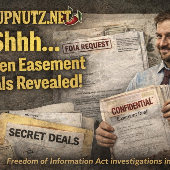 SoupNutz image featuring a confident man holding a stack of documents labeled Confidential and a prominent FOIA Request, with headlines like Secret Deals and Hidden Easement