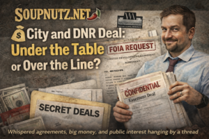 SoupNutz graphic about a confidential easement deal, featuring Frog Prell and Jason Serck, with Diane L. Milligan, depicted near bold headlines and documents, one in a blue shirt