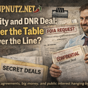 SoupNutz graphic about a confidential easement deal, featuring Frog Prell and Jason Serck, with Diane L. Milligan, depicted near bold headlines and documents, one in a blue shirt