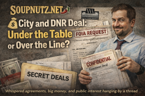 SoupNutz graphic about a confidential easement deal, featuring Frog Prell and Jason Serck, with Diane L. Milligan, depicted near bold headlines and documents, one in a blue shirt