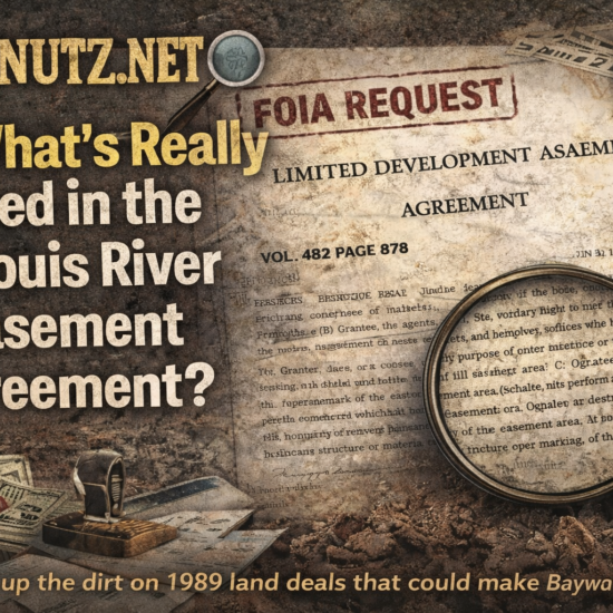 FOIA REQUEST and LIMITED DEVELOPMENT EASEMENT agreement on an aged document, magnifying glass over brown soil with SoupNutz.net branding text