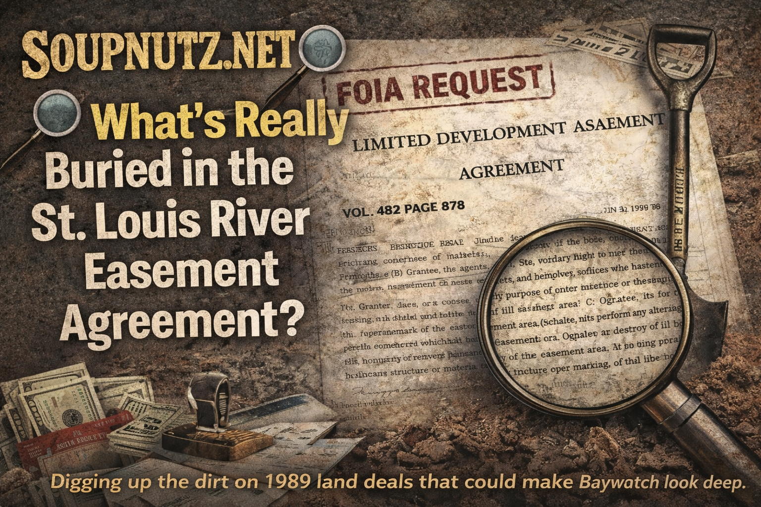 FOIA REQUEST and LIMITED DEVELOPMENT EASEMENT agreement on an aged document, magnifying glass over brown soil with SoupNutz.net branding text