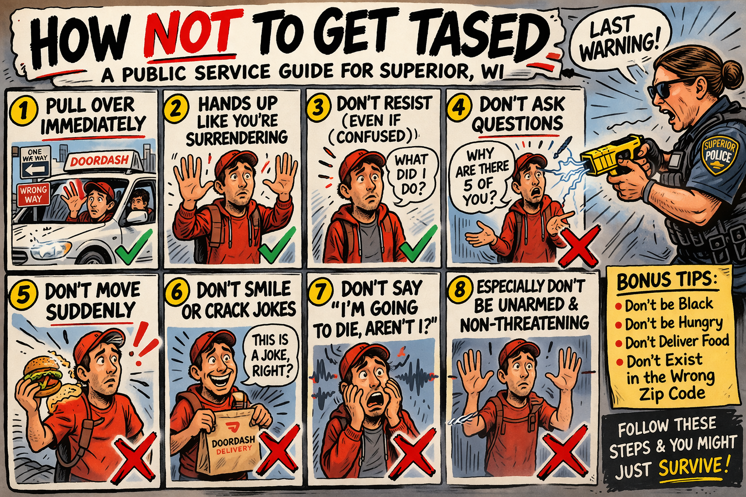 Comic-style warning graphic reading “HOW NOT TO GET TASED” and “LAST WARNING!”, with red, black, and yellow text, numbered safety steps, and police badge emblem