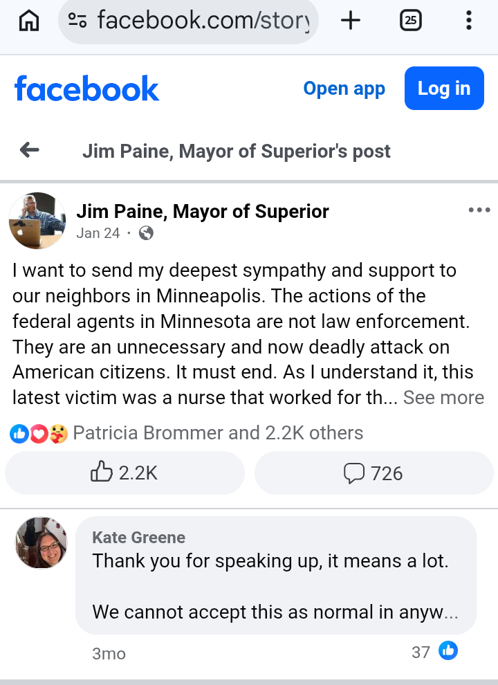 Facebook post interface with blue and white layout, Jim Paine Mayor of Superior text mentioning Minneapolis and Minnesota, plus names Patricia Brommer and Kate Greene