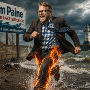 Jim Paine sprinting through surf with flames and a billboard reading “Bigger Views, Bigger Budgets” behind him at Lake Superior.