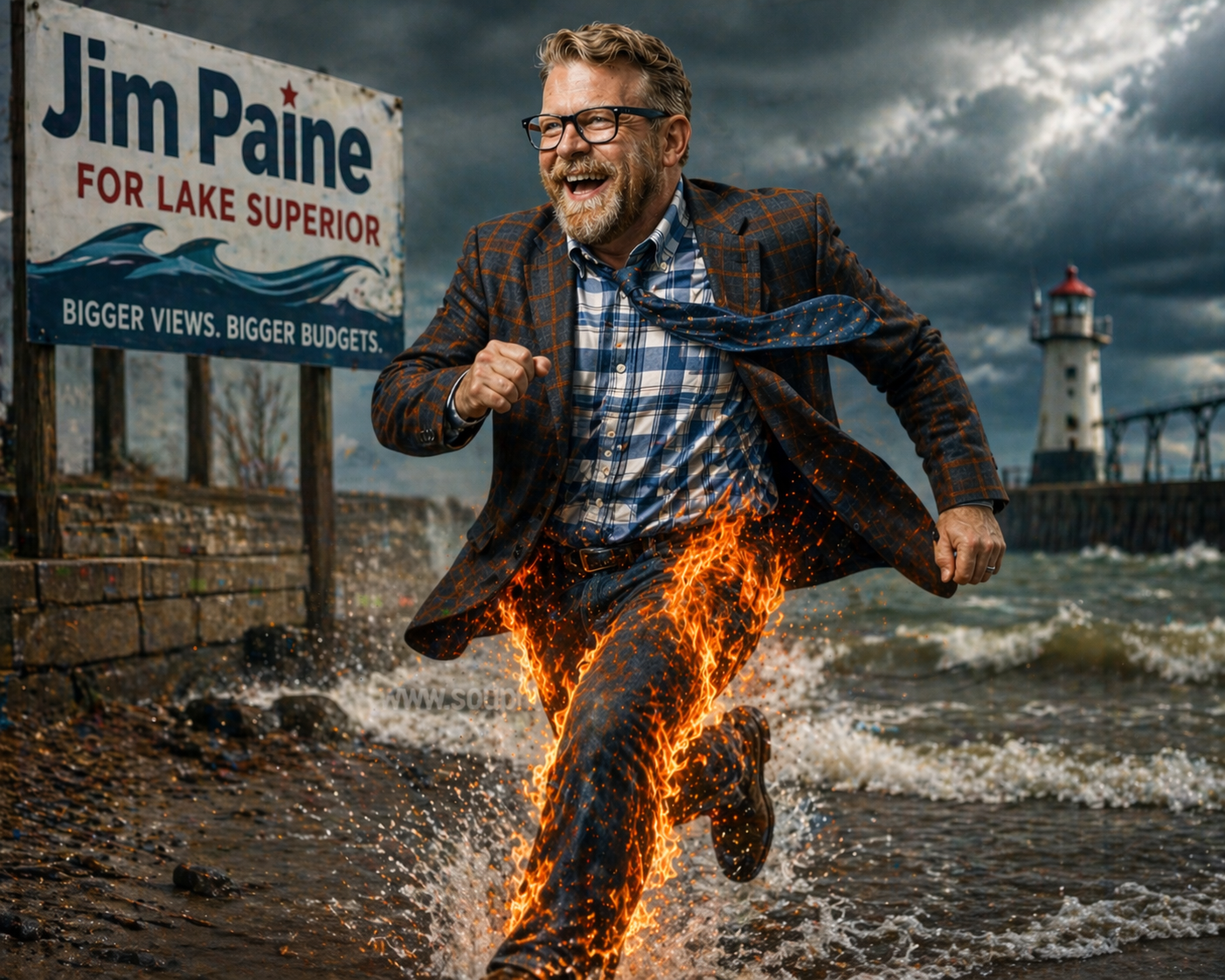 Jim Paine sprinting through surf with flames and a billboard reading “Bigger Views, Bigger Budgets” behind him at Lake Superior.