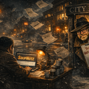 Jim Paine era-inspired street scene featuring SoupNutz on a laptop at a cluttered outdoor desk beside a City Hall facade, illuminated by warm orange lights