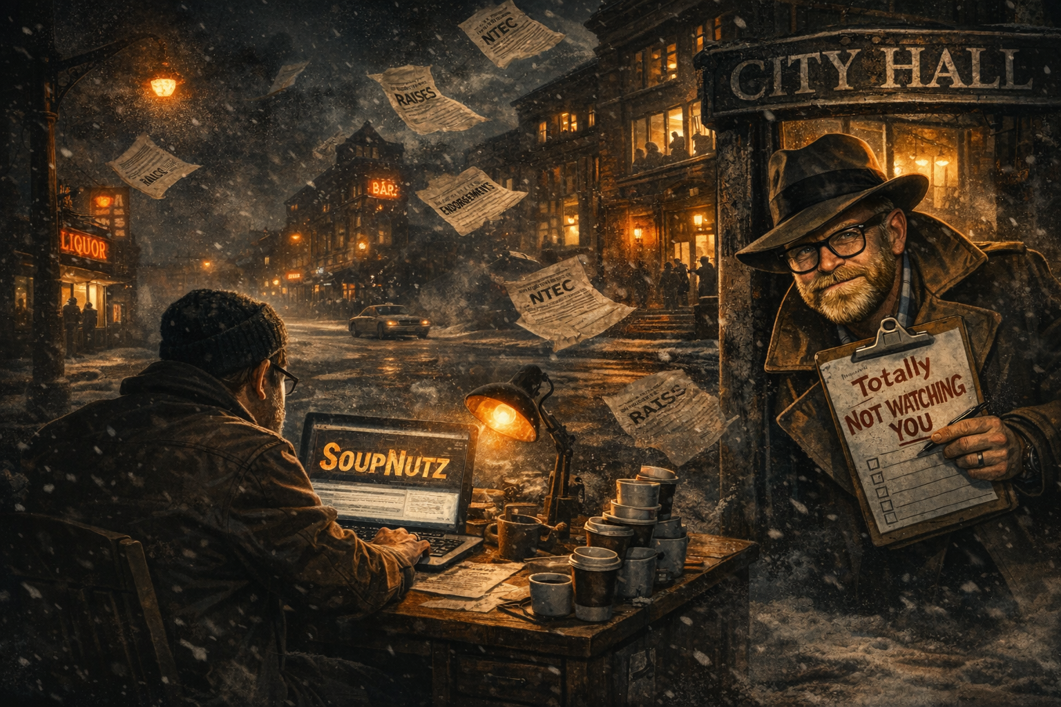 Jim Paine era-inspired street scene featuring SoupNutz on a laptop at a cluttered outdoor desk beside a City Hall facade, illuminated by warm orange lights