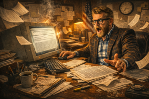 Jim Paine at a cluttered desk with a vintage computer, papers flying around, orange-tinted lighting, SoupNutz context and a focused expression