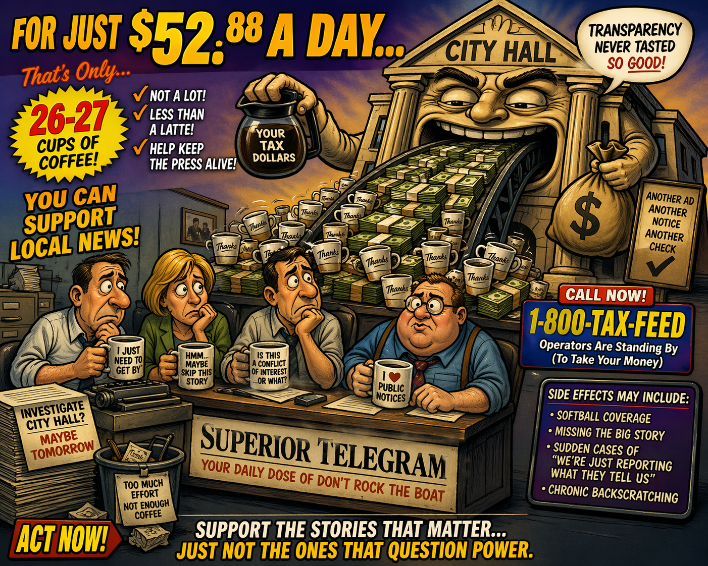 Bold $52.88 a day text over City Hall with Mayor Jim Paine imagery and stacks of money tied to public notices and Superior spending.