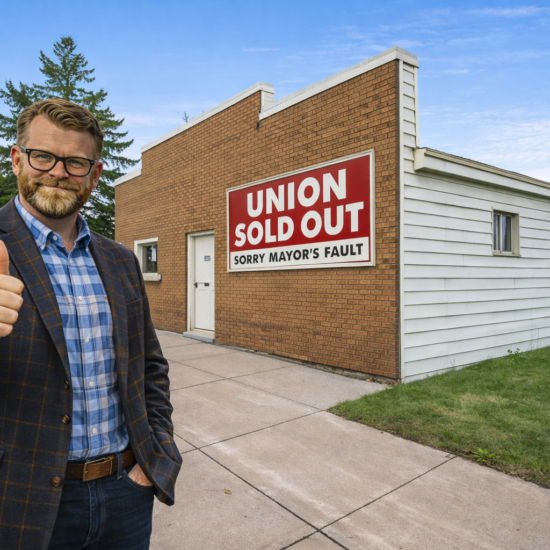 Portrait of Jim Paine-inspired figure wearing a blue plaid blazer and glasses standing beside a brick building with a bold UNIONS SOLD OUT sign on a sunny outdoor street scene