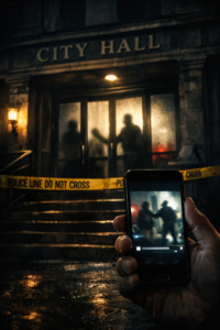 CITY HALL at night with yellow police line tape, smartphone screen showing silhouettes, Police Department evidence theme, Mayor Jim Paine reference