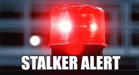 Red flashing emergency light with bold white 'Stalker Alert' text, a high-contrast graphic on a dark background