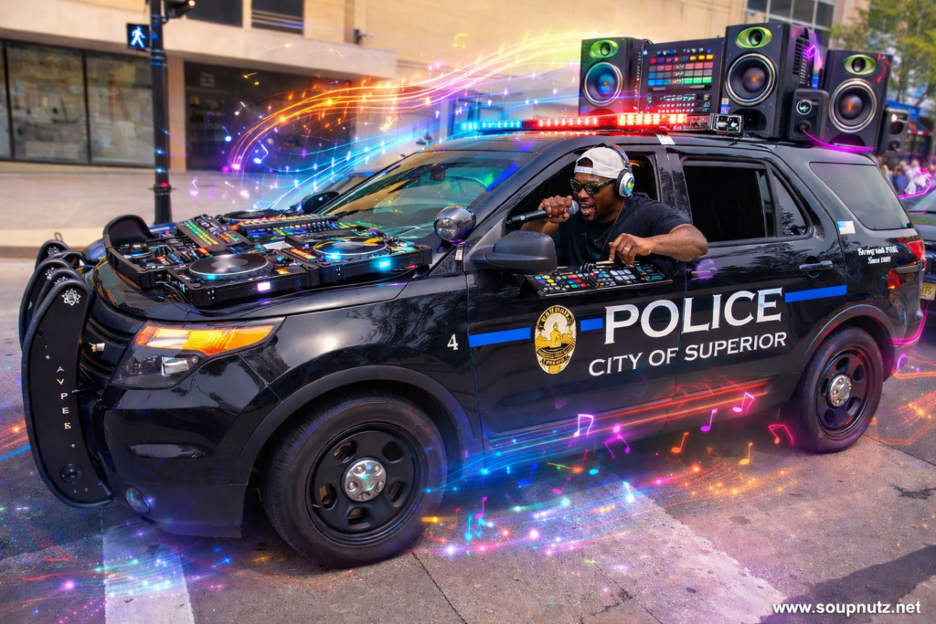 Colorful neon light trails and musical notes swirl around a black police vehicle labeled “POLICE” and “CITY OF SUPERIOR” as a driver DJ-controls audio gear the remix.