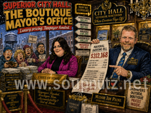 Superior City Hall’s “The Boutique Mayor’s Office” scene with Jim Paine and Paine, showing luxury pricing and an overtime bill totaling $312,168.