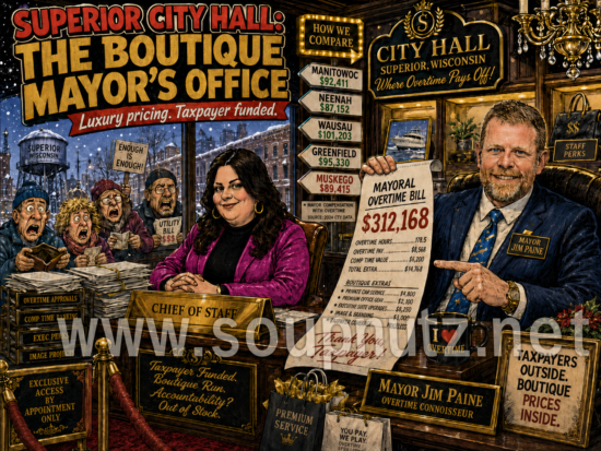 Superior City Hall’s “The Boutique Mayor’s Office” scene with Jim Paine and Paine, showing luxury pricing and an overtime bill totaling $312,168.