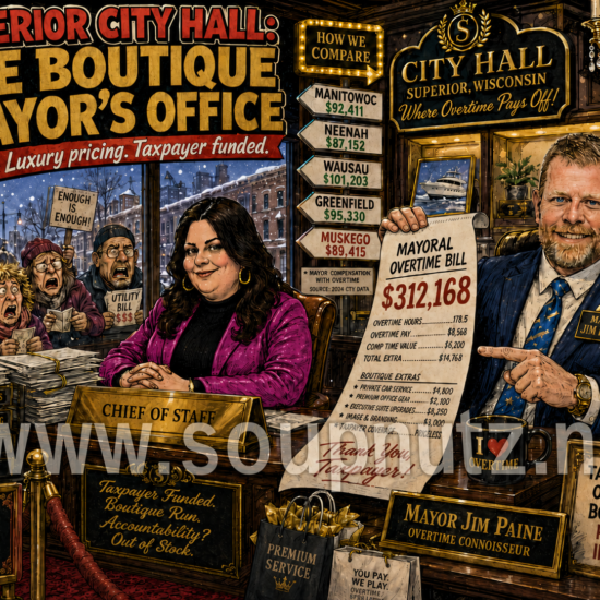Superior City Hall’s “The Boutique Mayor’s Office” scene with Jim Paine and Paine, showing luxury pricing and an overtime bill totaling $312,168.