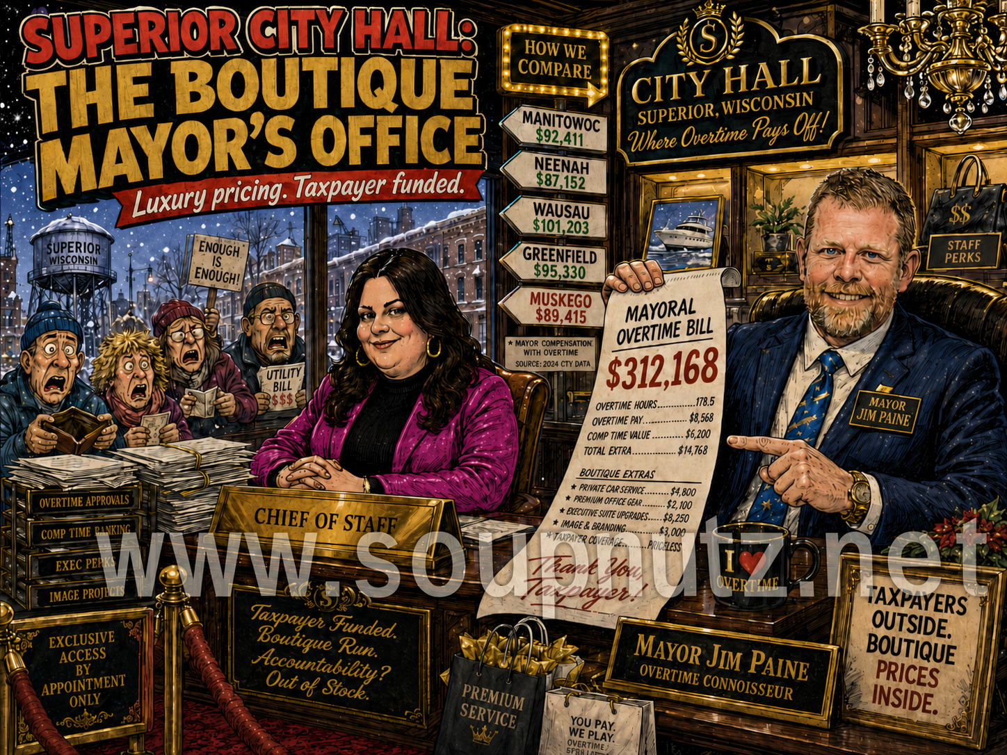 Superior City Hall’s “The Boutique Mayor’s Office” scene with Jim Paine and Paine, showing luxury pricing and an overtime bill totaling $312,168.