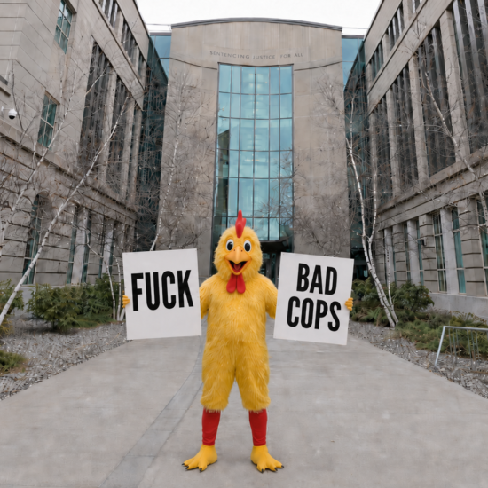 In a courthouse courtyard, a yellow mascot with red boots holds protest signs reading “FUCK” and “BAD COPS” amid civil rights storm clouds.