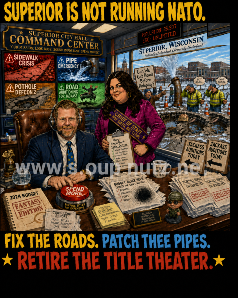 Superior City Hall “command center” budget satire with Jim Paine as chief of staff, titled “Superior is not running NATO” and “Fix the roads.”