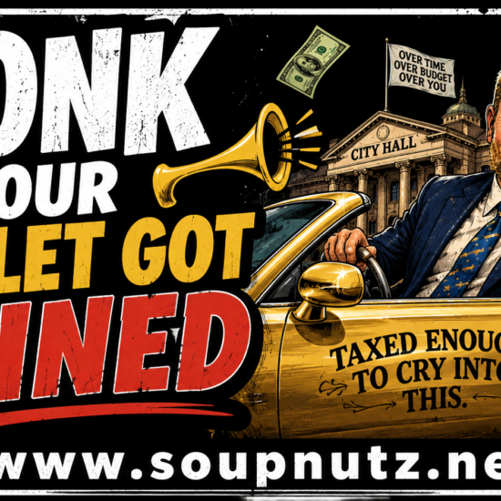 “Honk if Your Wallet Got Pained” on a yellow car with Mayor Jim Pain, City Hall signs, tax-budget money, and bold red-and-white grunge text.