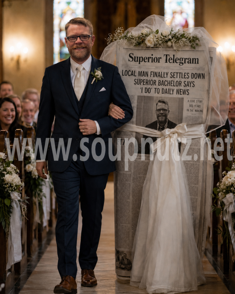 A groom in a navy suit stands beside a “Superior Telegram” newspaper headline draped with white roses and soft tulle.
