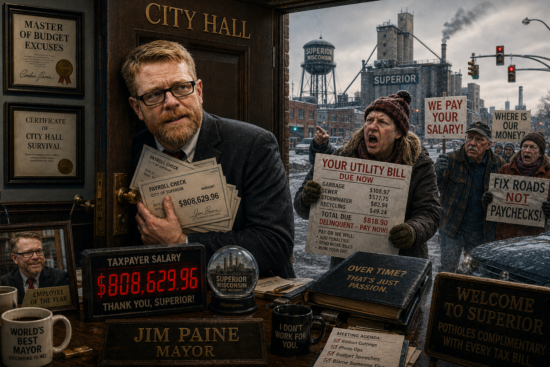 Jim Paine in a black suit holds a payroll check with $808,629.96, while red utility bill and salary signs crowd the scene.