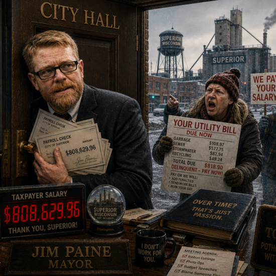 Jim Paine in a black suit holds a payroll check with $808,629.96, while red utility bill and salary signs crowd the scene.