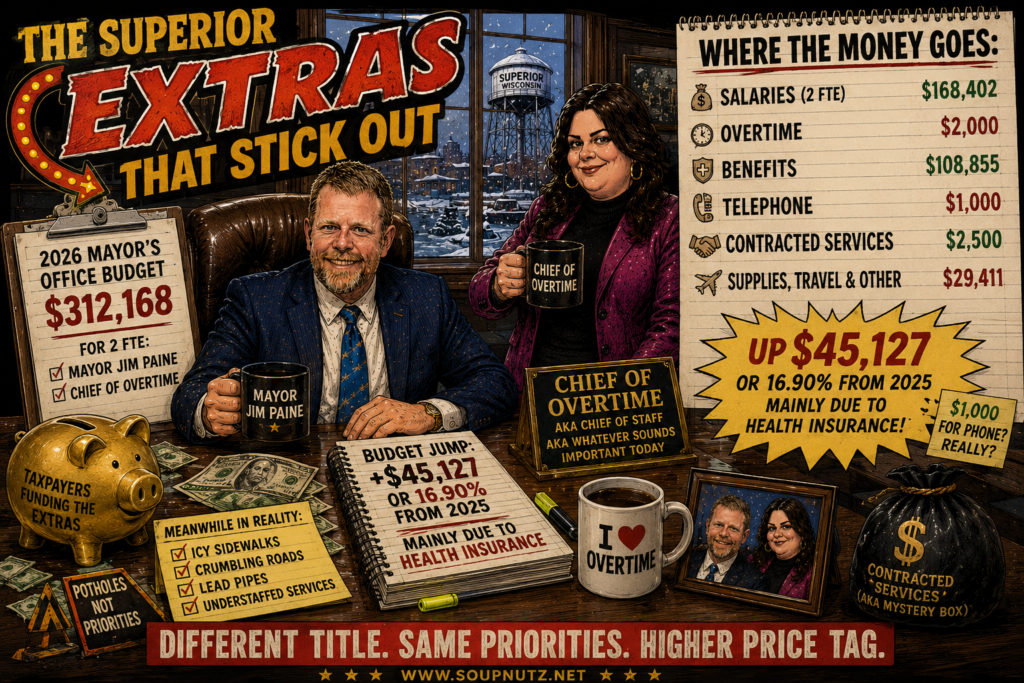 “Superior Extras That Stick Out” shows Mayor Jim Paine’s office budget with $312,168 for overtime and telephone, plus salaries and benefits totals.