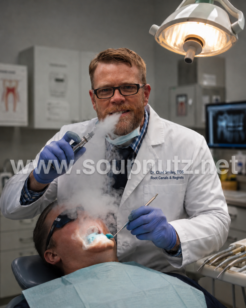 Dr. Chad Smiley, DDS works with a dental tool and visible vapor while wearing blue gloves and a white coat in a clinical room.