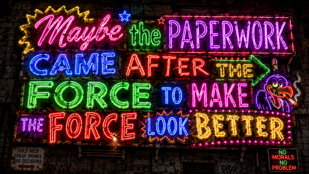 A multicolored neon sign reads “Maybe the PAPERWORK came after the FORCE,” reinforcing the phrase “the FORCE LOOK BETTER.”