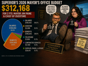 Superior’s 2026 mayor’s office budget shows $312,168 for 2 FTE with Mayor Jim Paine and Chief of Staff Becky Scherf, including benefits, overtime, and telephone.