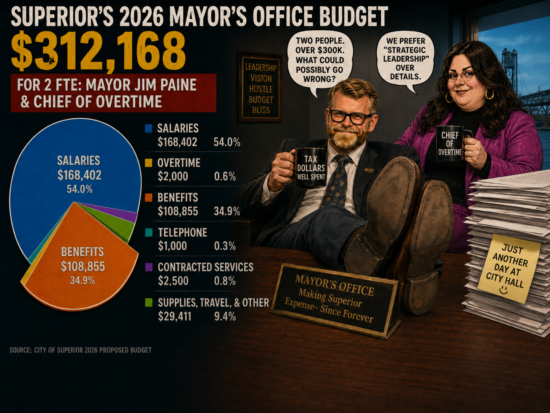 Superior’s 2026 mayor’s office budget shows $312,168 for 2 FTE with Mayor Jim Paine and Chief of Staff Becky Scherf, including benefits, overtime, and telephone.