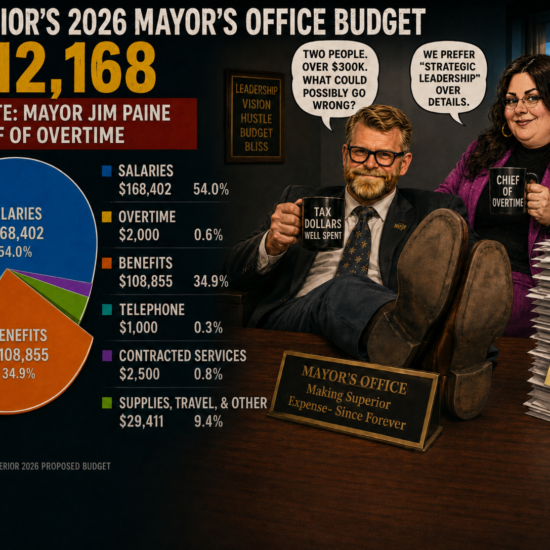 Superior’s 2026 mayor’s office budget shows $312,168 for 2 FTE with Mayor Jim Paine and Chief of Staff Becky Scherf, including benefits, overtime, and telephone.