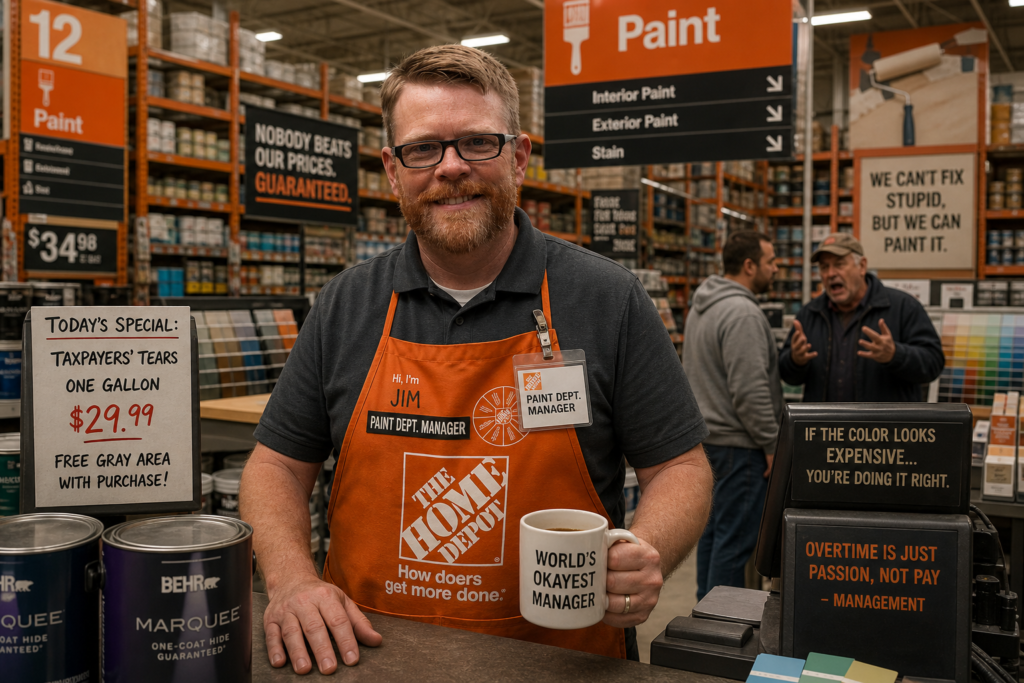 Jim Paine in an orange Home Depot paint apron holding a mug in a paint department aisle with “Taxpayers’ Tears” special sign
