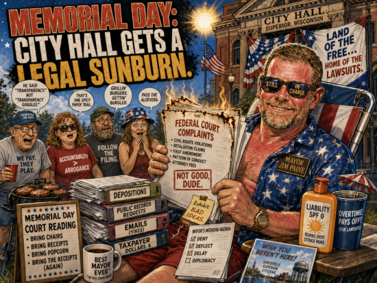 Memorial Day legal sunburn artwork shows Superior, Wisconsin City Hall, Mayor Jim Paine, and LeRette court filings amid federal complaints and records stacks.